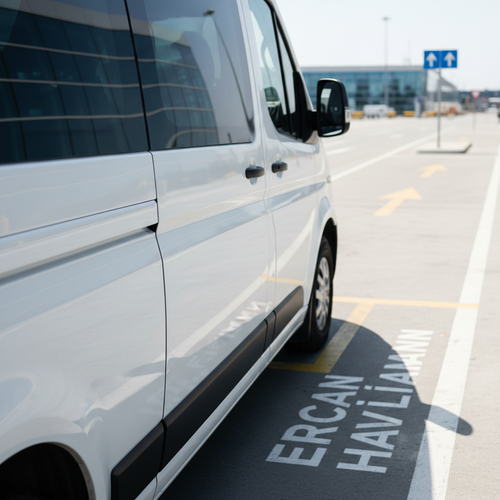 A minimalist, photographic close-up of the side of a clean, white transfer van parked in a designated airport transfer lane at Ercan Havalimanı. The smooth paintwork reflects the terminal’s glass structure in a soft, distorted way, while the sliding door handle and tinted windows are in sharp focus. Overhead, even midday light creates subtle shadows along the metal contours without harsh contrast. Painted ground markings and a blurred hint of a directional airport sign in the background reinforce the setting. The composition uses a rule-of-thirds framing with shallow depth of field, giving a modern, trustworthy, and professional feel that emphasizes the vehicle quality of the Ercan-to-hotel transfer service.