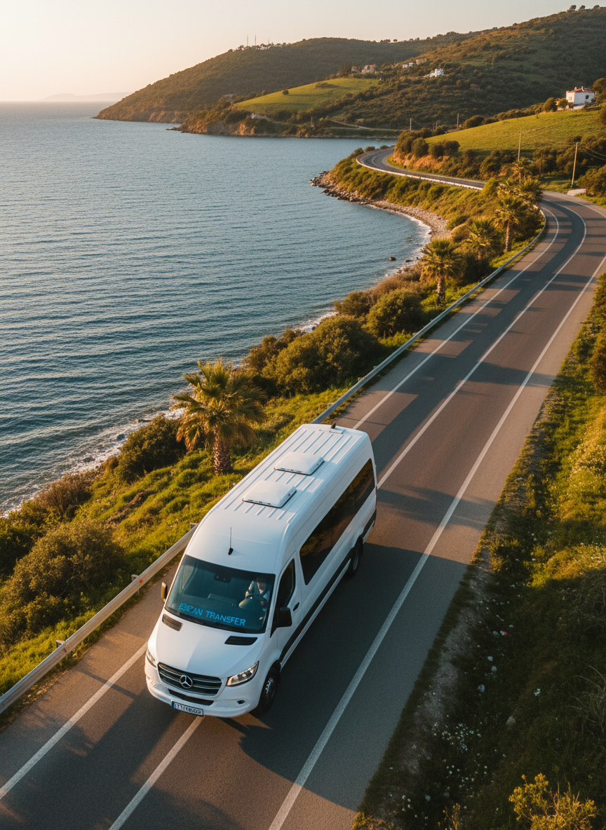 A bird’s-eye, photographic view of a professional transfer vehicle driving along the coastal road from Ercan Havalimanı toward Girne, with the blue Mediterranean Sea on one side and green hills on the other. The van’s white roof stands out against the dark asphalt, with a faint reflection of the sky on its windows. Late afternoon golden-hour sunlight casts long, soft shadows and adds a warm glow to the landscape. The composition uses the winding road as a leading line, suggesting smooth, stress-free travel from airport to hotel. The mood is serene yet efficient, highlighting the scenic nature of Cyprus transfers while remaining clean, realistic, and business-focused.