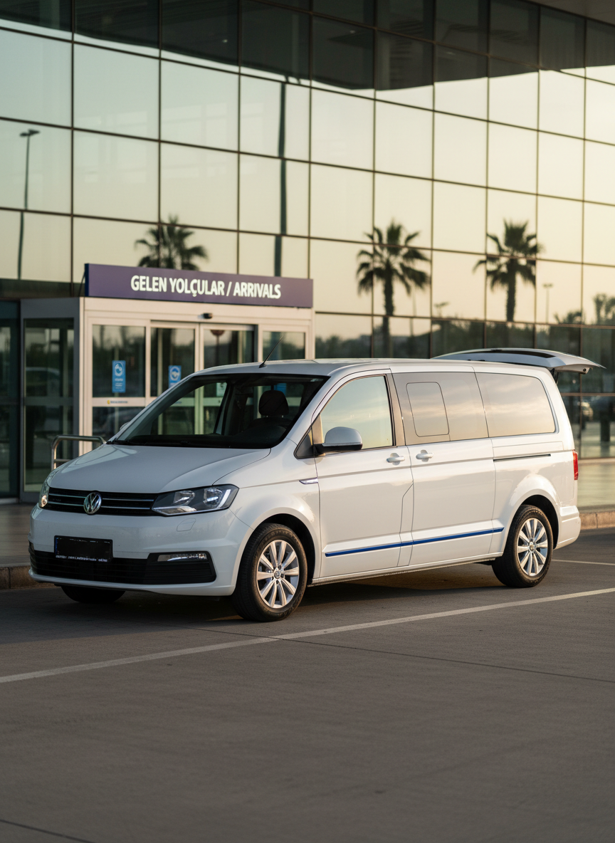 A sleek, modern airport transfer minivan with a glossy white exterior and subtle blue detailing, parked outside the main exit of Ercan Havalimanı. The terminal’s glass façade, automatic sliding doors, and a discreet arrivals sign are visible in the softly blurred background. Early morning natural light reflects off the polished bodywork, creating crisp highlights along the curves of the vehicle. The mood is professional and reassuring, suggesting punctual, well-organized service from Ercan to hotels across Kıbrıs. Photographed at eye level with sharp focus on the minivan and a gentle depth of field for the surroundings, in clean, realistic photographic style suitable for a corporate website hero image.