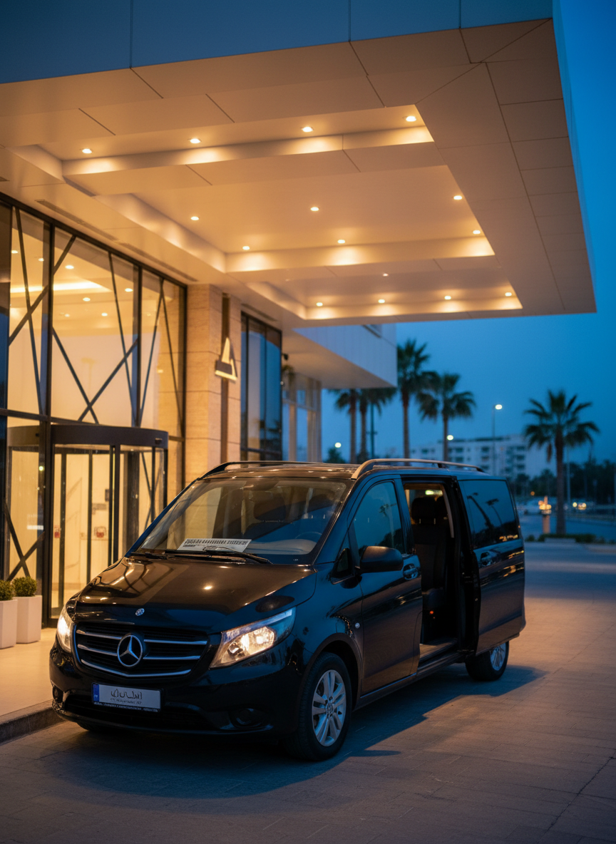 A well-lit hotel entrance in Girne at dusk, with a professional transfer minivan stopped neatly by the curb under a covered drop-off area. Warm overhead lights from the portico cast a welcoming glow on the vehicle’s polished surface, while cool blue evening sky tones contrast in the background. The hotel façade is modern, with glass doors and subtle architectural details kept slightly out of focus to avoid branding. The composition is at a three-quarter angle, highlighting both the van and the sheltered arrival area, suggesting a smooth, door-to-door transfer from Ercan Havalimanı. The mood is calm, dependable, and upscale, captured in crisp photographic realism for a business website.