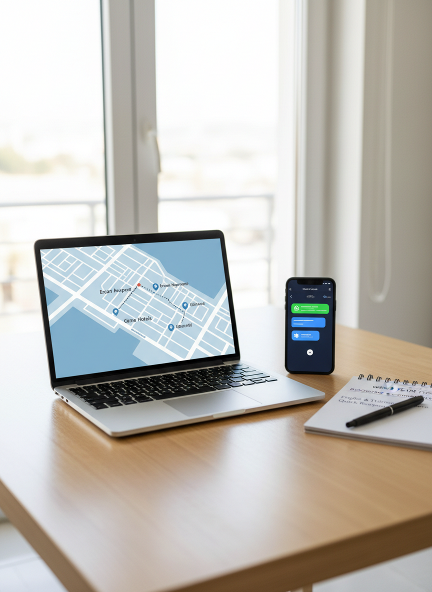 A clean, modern office desk setup representing Wind Tour Transfer’s communication and booking service, featuring a slim laptop displaying a stylized map from Ercan Airport to key Girne hotels, a smartphone with visible WhatsApp and SMS notification icons (no text), and a neat notepad with a pen. The desk surface is light wood, positioned near a window with bright but diffused daylight creating gentle reflections on the devices. The background is softly blurred, hinting at a professional, organized workspace. Shot from a slightly elevated angle with a balanced composition, the mood is trustworthy and efficient, emphasizing easy Turkish and English contact options and quick response for airport-to-hotel transfers in a realistic photographic style.