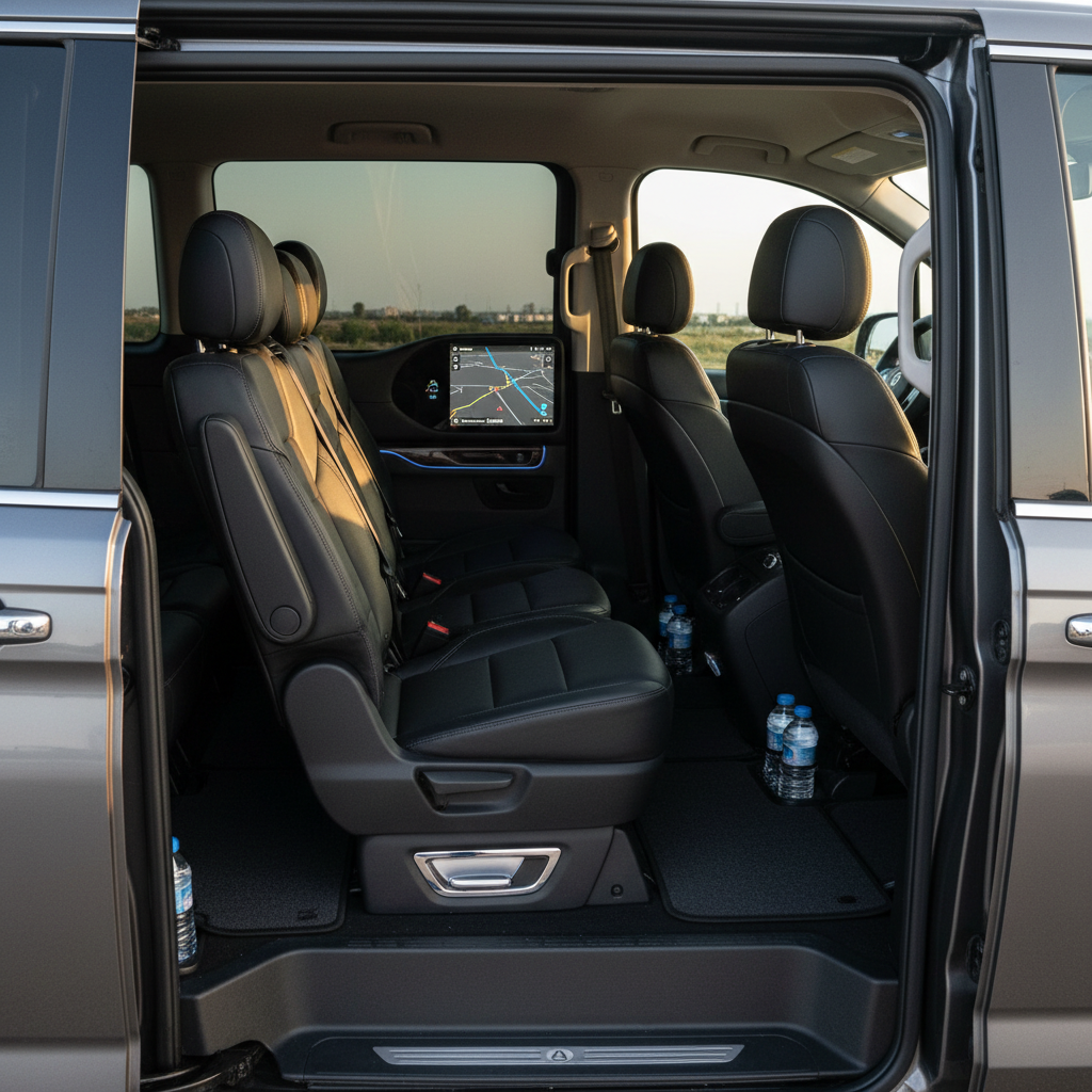 The interior of a premium airport transfer vehicle, featuring immaculate black leather seats with subtle stitching, a spotless dashboard with soft ambient lighting, and a digital navigation screen showing a route from Ercan Airport to Girne. The camera looks from the open sliding door inward, capturing the spacious legroom, air-conditioning vents, and neatly arranged bottled water in cup holders. Late afternoon light filters through tinted windows, casting soft, even illumination without harsh shadows. The atmosphere is comfortable, safe, and businesslike, emphasizing reliability for travelers heading to Kıbrıs otelleri. Photographic realism, with a wide-angle composition that keeps everything in sharp detail, conveys a modern, high-quality transfer experience.
